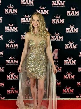 Vintage Jovani Sequined Cape Sleeve Mini Dress Gold